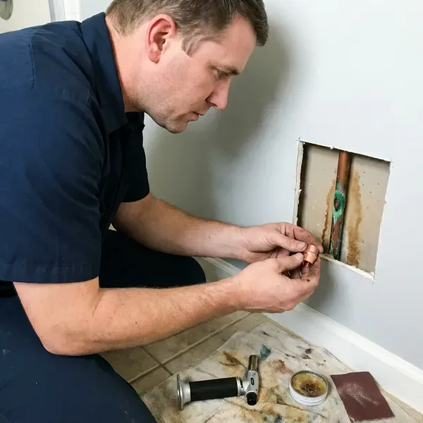 GLV Plumbing technician providing copper pipe leak repair in Bridgeport, CT